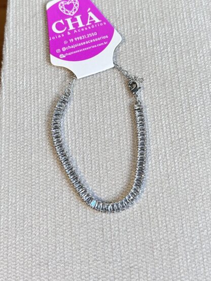 Pulseira Riviera Baguete Cristal Ródio Branco